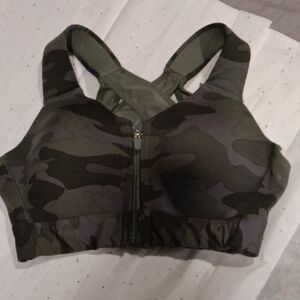 Front-Zip Camo Sports Bra in Olive Green